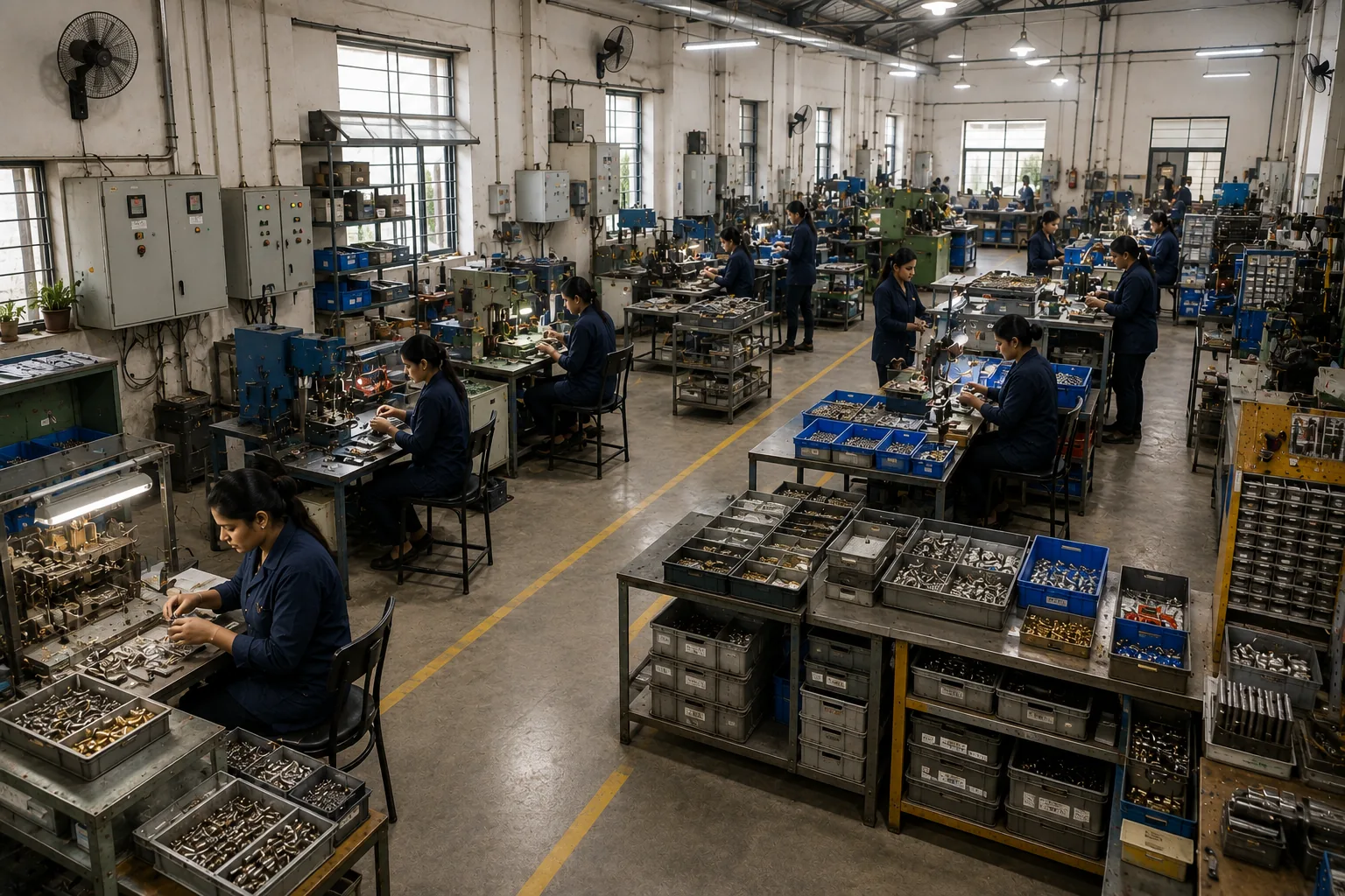 Organized IA Fastners factory floor with workers, production equipment and material storage